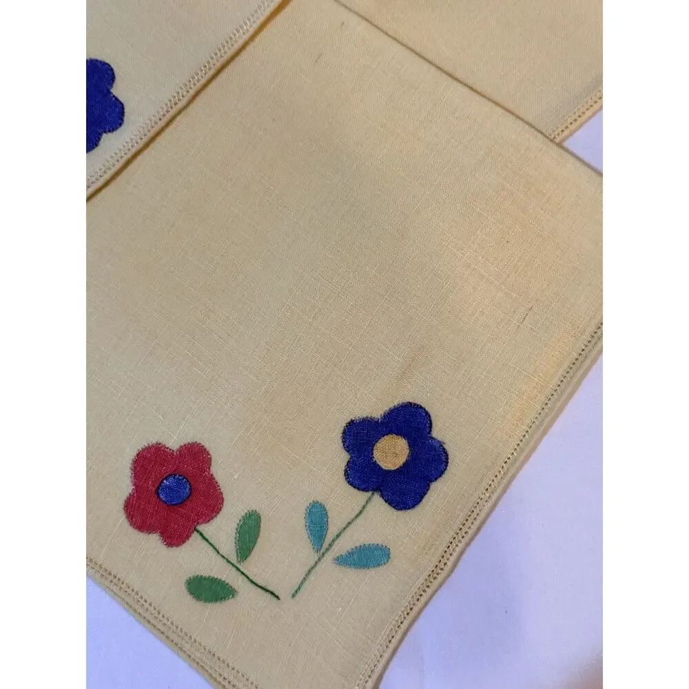 Vintage Linen Luncheon Napkins Set of 8 14x14 Appliqué Flower Floral Mid Century